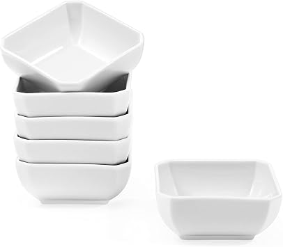 Square Dipping Bowls, White Ceramic Sauce Dishes, 6 OZ, Set of 6 | Durable Condiment Bowls, For Soy Sauce, Sushi, BBQ, Ketchup, Vinegar, Party & Daily Use, Microwave & Dishwasher Safe