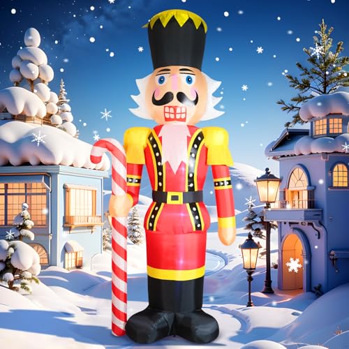 DomKom 12FT Christmas Inflatables Nutcracker Giant Nutcracker Holds Candy Cane Blow up Yard Decoration Outdoor Built-in LED Lights Party Lawn Holiday Winter Decor Outside