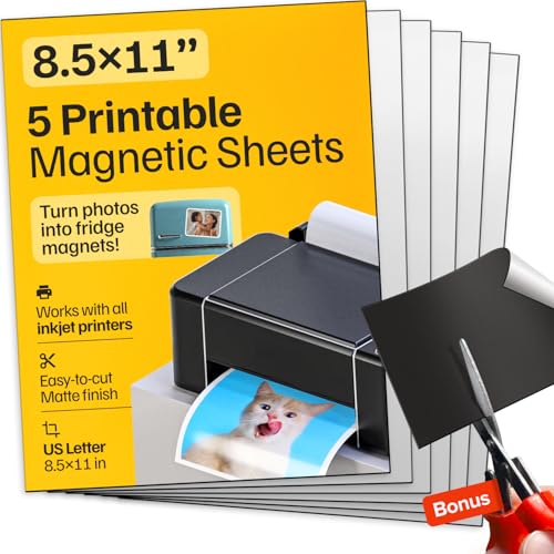 Printable Magnetic Sheets 5 Pcs Matte (8.5'x11'/22x28cm) – Inkjet-Optimized Flexible Magnetic Paper, Non-Adhesive - Ideal for Photo Magnets, Magnet for Cars, Refrigerator, Classroom and Office Decor
