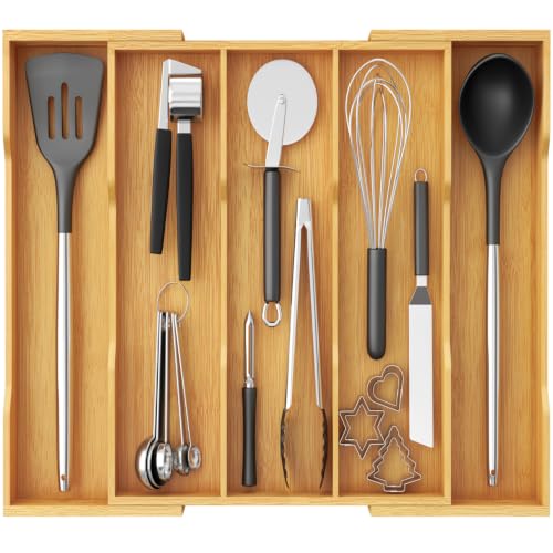 Lifewit Utensil Organizer for Kitchen Drawer, Expandable Cooking Utensil Tray, Cutlery Silverware Flatware Holder, Wood Adjustable Spatula Tools Storage Divider, 12.6-22.8x14/ 32-58x35.6cm, Natural
