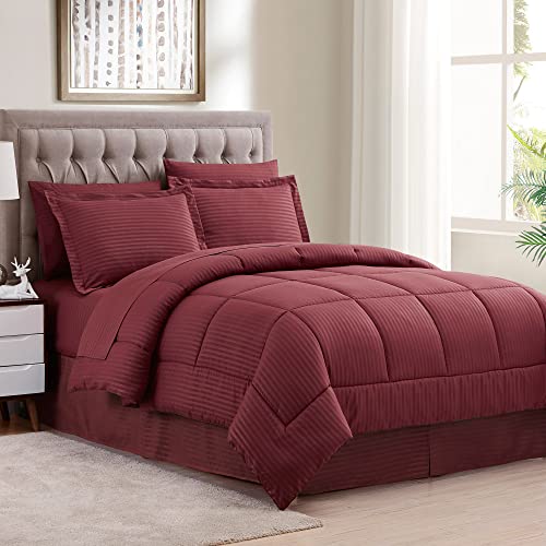 Image of Sweet Home Collection 8 Piece Bed In A Bag with Dobby Stripe Comforter, Sheet Set, Bed Skirt, and Sham Set - Queen - Burgundy