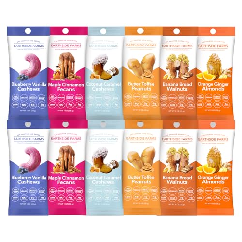 Image of Earthside Farms 12 pcs Variety Pack - 1oz, 2pcs Each of Coconut Caramel Cashews, Butter Toffee Peanuts, Blueberry Vanilla Cashews, Maple Cinnamon Pecans, Orange Ginger Almonds, Banana Bread Walnuts