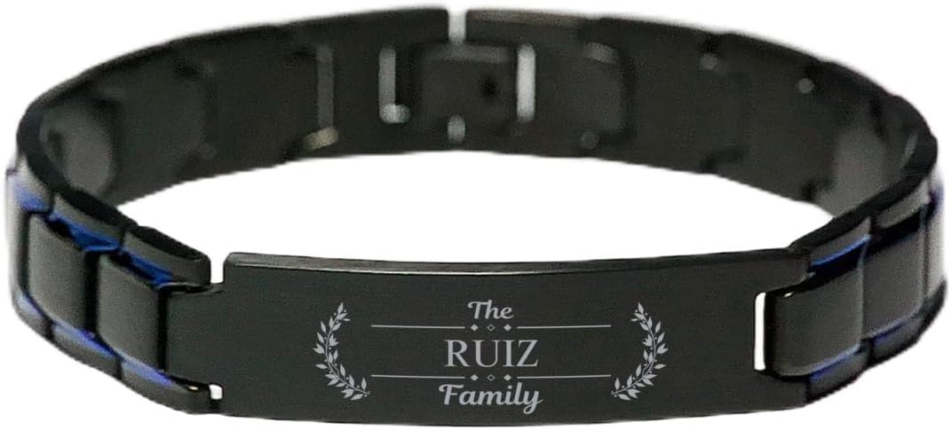 Ruiz Family Name Sign Blue Black Metal Bracelet - Custom ID Plate Last Name Bracelet Birthday Idea for Friends Men Women, Engraved Adjustable