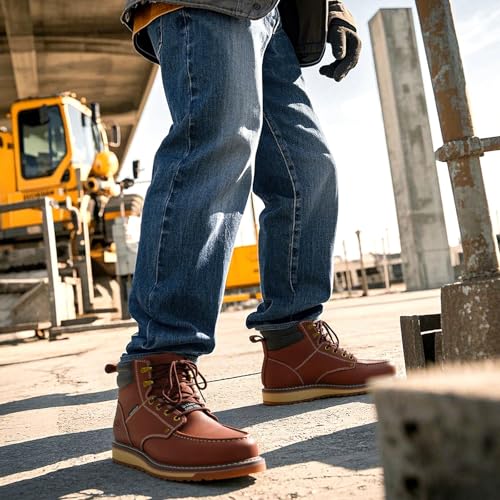Image of NINGO Steel /Soft Toe Work Boots for Men, 6 Inch Waterproof Mens Wedge Moc Toe Boots, Full-Grain Leather, Oil and Slip-Resistant Safety Boots, EH Protection,Work Boots for Construction, Industrial
