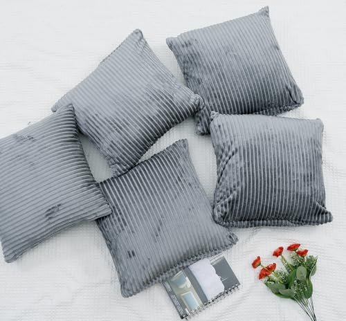 Image of RD TREND Cushion Cover Set of 5, Decorative Sofa Living Room Home Square Cushion Covers 18 Inch x 18 Inch, Aesthetic Corduroy Striped Double Sided (Grey, Pack of 5)