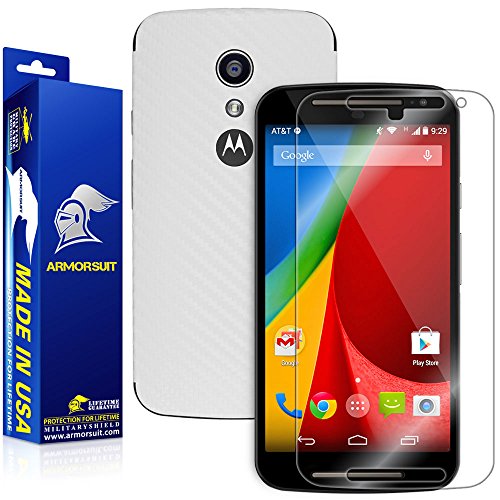 Armorsuit MilitaryShield White Carbon Fiber Skin Wrap Film + HD Clear Screen Protector for Motorola Moto G (2nd Generation 2014) - Anti-Bubble Film