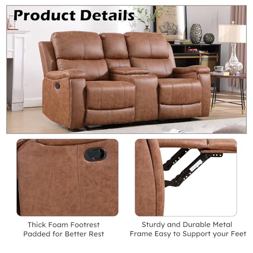 Image of CANMOV Faux Leather Manual Reclining Sofa Set, 2 Manual Single Recliner Chairs and 2 Seat Recliner Loveseat with Center Console, Hidden Storage and Cup Holders for Living Room,Bedroom Furniture,Brown