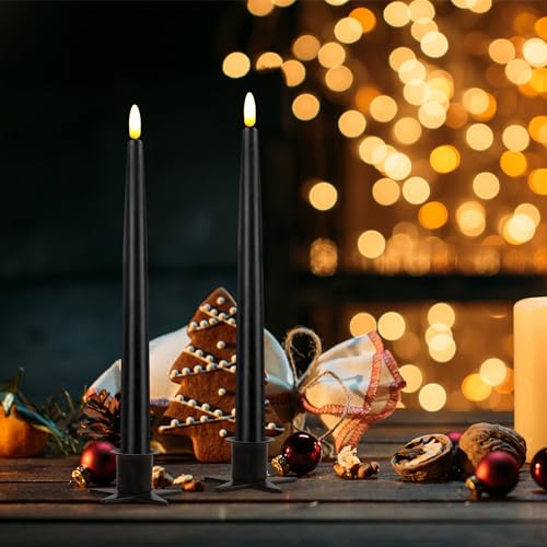 Image of CVHOMEDECO. Flameless Taper Candles with 10-Key Remote, Battery Operated Led Flickering 3D Wick Window Candles Real Wax Finished Home Christmas Party Decor 0.78 x 11 Inch, Pack of 2, Black