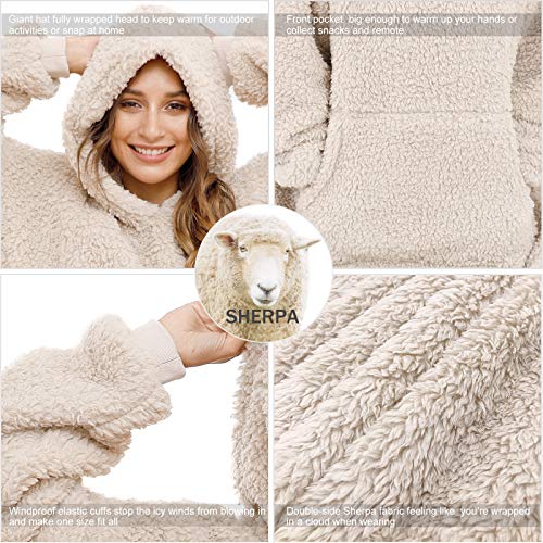 ililmmoe Sherpa tragbare Decke Übergroße Hoodie Sweatshirt TV Decke mit Langen Ärmeln und Tasche-Beige One Size