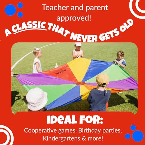 Image of Activejoy - Parachute for Kids - 8ft /12ft / 16ft / 20ft / 24 ft / 30ft - Rainbow Parachute Toy with Handles - Great for Gym Class, Field Day & Outdoor Games