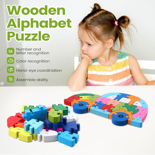 Image of Yunsailing 4 Pcs Wooden Animal Puzzles for Kids, Double Sided Snake Jigsaw with Alphabet & Numbers for Preschool Toddler Learning Educational Activities(Transportation)