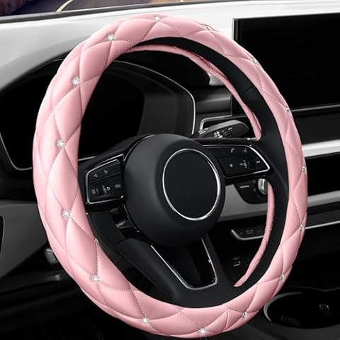 YOGURTCK Cute Diamond Soft Light Pink Leather Anti-Slip Steering Wheel Cover with Bling Bling Crystal Rhinestones, Universal 15 Inch for Women Girls, Fit Vehicles, Sedans, SUVs, Vans, Trucks Cover