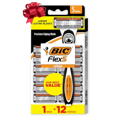 BIC Flex 5 Refillable Men's 5 Blade Razors, Holiday Grooming for a Smooth Shave, 1 Handle and 12 Cartridges-Pack, Stocking Stuffers