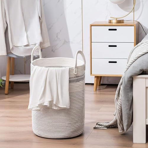 Image of Laundry Basket for Clothes | Cotton Rope Laundry Basket with Handles | Foldable Clothes Storage Basket for Bedroom, Bathroom & Laundry Room | Laundry Bag for Clothes, 38 x 38 x 46 cm