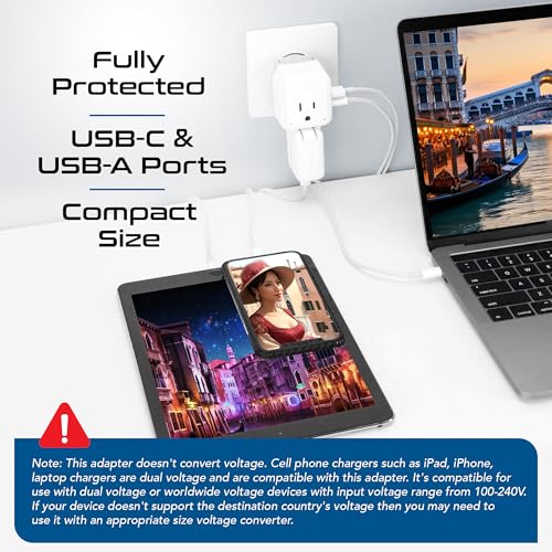 Image of Ceptics Travel Adapter India to Chile, Rome, Italy Travel Plug Adapter Set, Chile Plug Adapter USB-USB-C 20W PD-QC 18W, 2 Outlet, Italy Plug Adapter for Lybia, Uruguay Includes Type C, L, PAK-IT