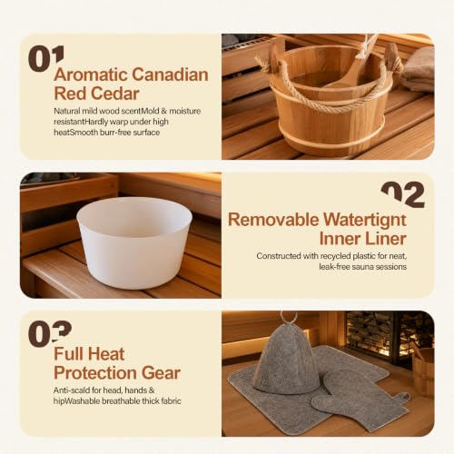11 Pcs Sauna Accessories Set, Canadian Red Cedar 4L Wooden Sauna Bucket Kit - Image 5
