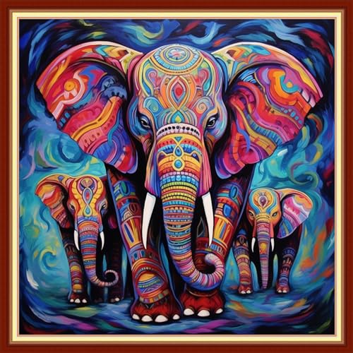 Image of Funxvoot Stamped Cross Stitch Kits Beginners Full Range of Embroidery Kits for Adults 11CT Embroidery Patterns Needlepoint Kits Printed Cross Stitch Kits - (Colorful Elephant 18x18 inchs)