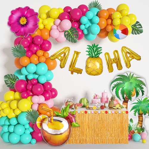 188Pcs Tropical Balloon Arch Kit, Hawaiian Party Decorations with Hot Pink Blue Green Latex Balloons ALOHA Pineapple Coconut Palm Leaves Garland for Birthday Summer Beach Party Decoration Supplies