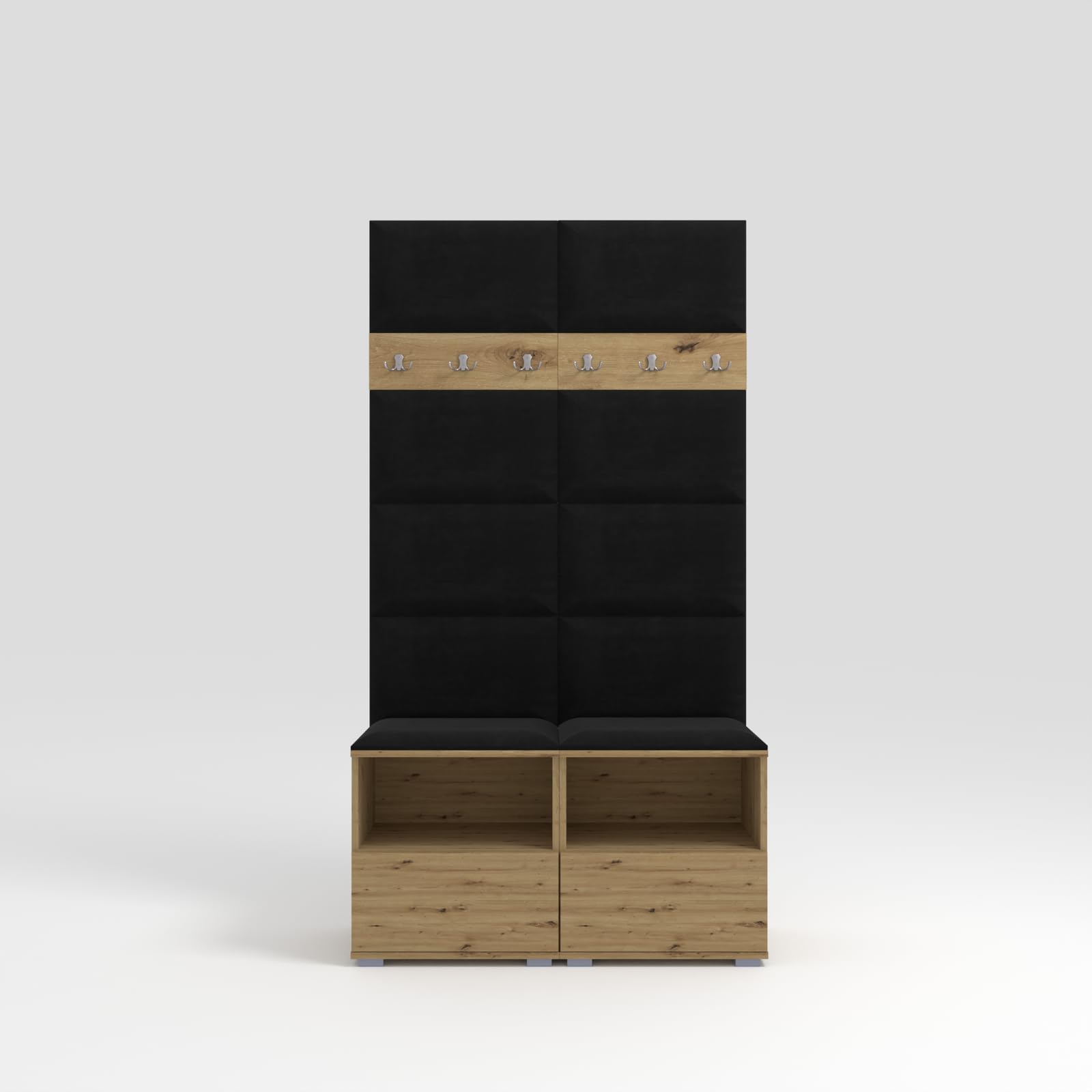 RAVIO Garderoben-Set NELA III Gepolstertes Paneel Wandpaneel 100cm Flurgarderobe Kompaktgarderobe Artisan Eiche Schwarz