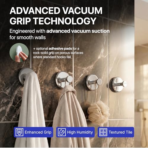 Image of HOME SO Suction Cup Hooks for Shower & Bathroom Towel Holder 4-Pack - Suction Cups Hooks for Hanging Towels, Robes, & Coats - Tiles, Glass Door or Mirror - Shower Hooks & Towel Hooks Organizer -Chrome