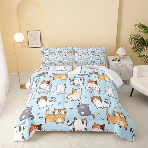 Image of QOOMO Cartoon Cat Kids Comforter Set, Cute Animals Print Bedding Set Twin Size for Room Decoration, Blue Soft Lightweight Bed Set All Season,1 Comforter Set 2 Pillowcases