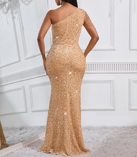 Image of Cololura Women Sequin Elegant Sexy One Shoulder Tassel Mermaid Bodycon Cocktail Evening Dress