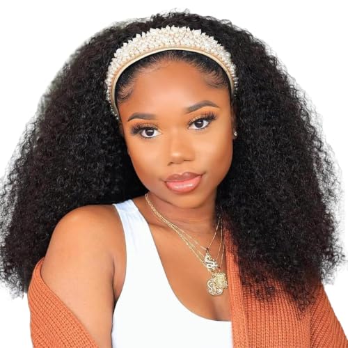 Image of Celiarita Headband Wig Human Hair Kinky Curly 18 inch None Lace Front Wig Human Hair Machine Made Wigs Glueless Kinky Curly Hair Headband Half Wigs for Black Women Human Hair Natural Black Color