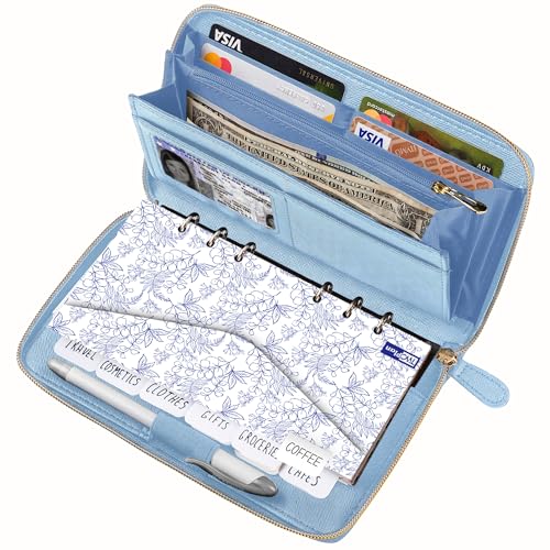 Image of Three Way Cut Cash Envelope Wallet Azure All in One Budget System RFID Blocking with 12x Tabbed Envelopes 12x Monthly Budget Cards 1x Yearly Budget Planner Sheet Complete Money Organizer Set