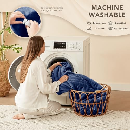 Image of Homemate Electric Heated Blanket King Size - 100 inchx90 inch Heating Bed Blankets Throw with 8 Hours Auto Off 10 Heating Levels Fast Heating Over-Heated Protection Soft Warm Flannel Bed ETL Certified Navy