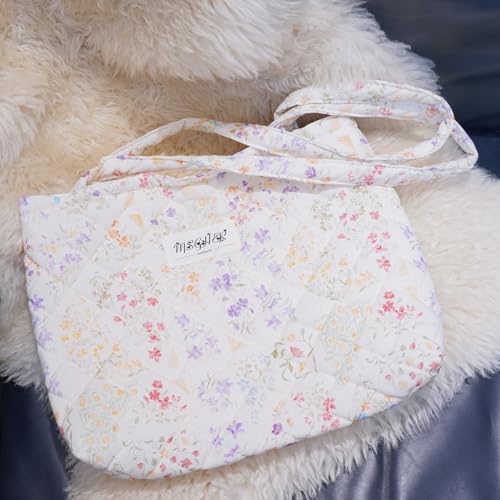 Image of Floral Quilted Cotton Shoulder Bag for Women Daily Use Medium Size Handbag Large Capacity Thickened Design Tote