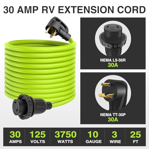 Image of Nilight 25FT 30 Amp RV Locking Extension Cord 125V Heavy Duty 10 /3 Gauge Pure Copper STW Wire UL ETL Listed 3 Prong TT-30P L5-30R Weatherproof Suit for Camper Caravan Trailer Bright Green