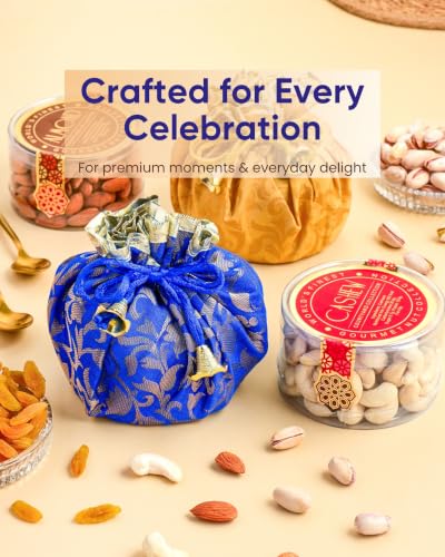 Image of Hyperfoods Rakhi for Brother with Dry Fruits Rawfruit's Handcrafted Potli Blue And Red with Thali Roli & Chawal Rakhi Gift Hamper for Brother Pack of 4 Cashew Almond Pistachios Raisins 495gm With Set of 3 Meena Rakhi
