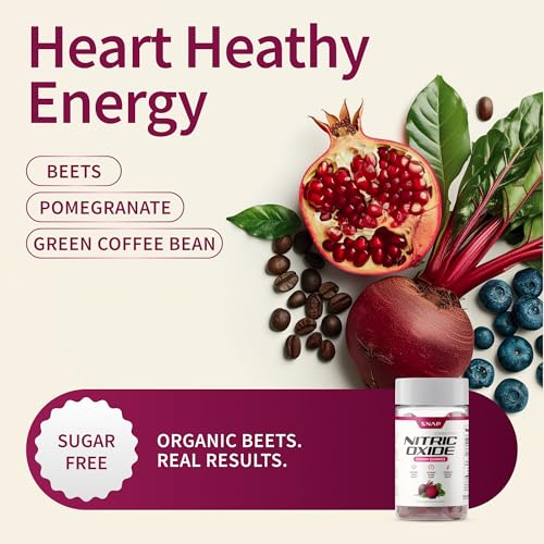 Image of Snap Supplements Nitric Oxide Gummies - Beet Root Extract 300mg, Sugar Free Beetroot Supplement with Pomegranate Powder for Circulation & Natural Energy, 60 Vegan Gummies, Cherry Flavor