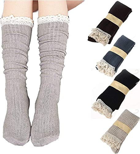 4 Pack Women Cotton Knit Boot Socks Knee High Socks Stockings with Lace Trim, Free size, Beige Black Coffee Green2