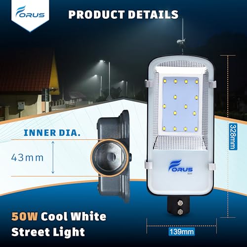 Image of Forus LED Street Light 50W IP66 Waterproof - Cool White, 5 Years Warranty | Outdoor LED Street Light 50 Watt for Home, Garden, Road, Parking Lot & Commercial Street Lighting-1PC