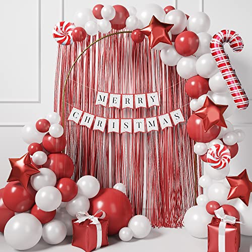 Christmas Balloon Garland Arch Kit - Merry Christmas Garland Red White Balloons, Candy Cane, Star, Gift Boxes Foil Balloon Christmas Party Decorations (Red White)