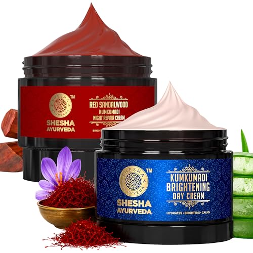 Image of SHESHA AYURVEDA Combo of Red Sandalwood Skin Brightening & Night Repair Cream & Kumkumadi Brightening Day Cream | Hydrating Anti-Aging for Radiant Skin | 50g Each