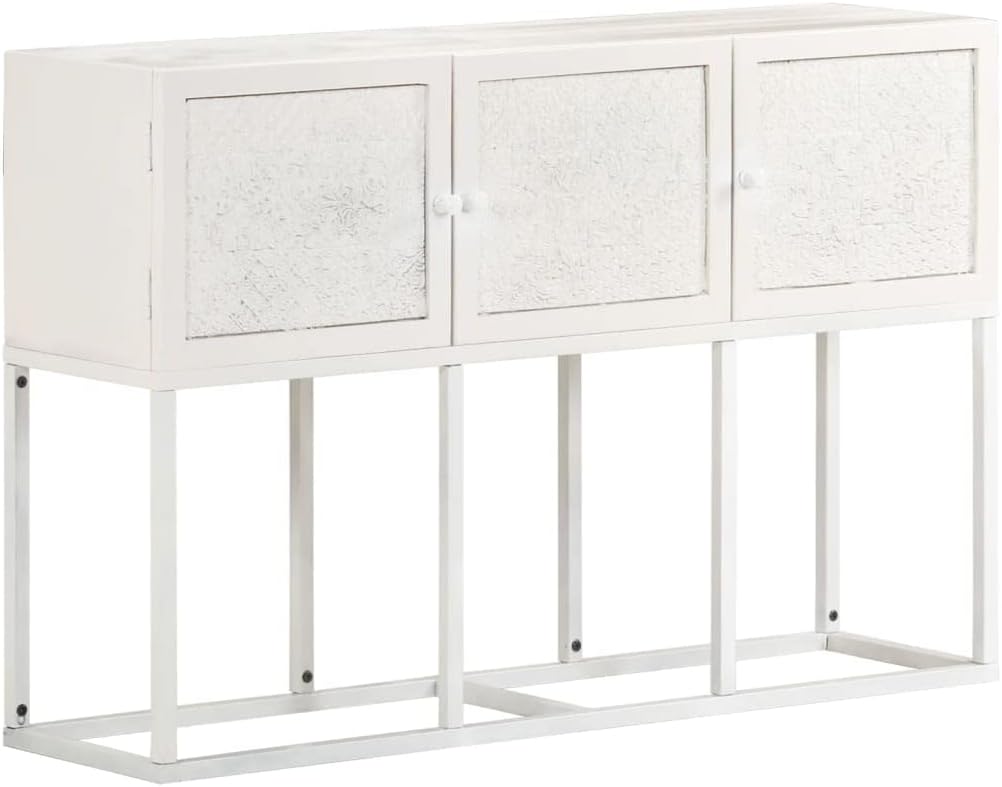 Rustic Industrial Sideboard with White Finish and Gray Accents, Solid Mango Wood and Powder-Coated Iron Construction, Three Doors for Generous Storage, Display Cabinet
