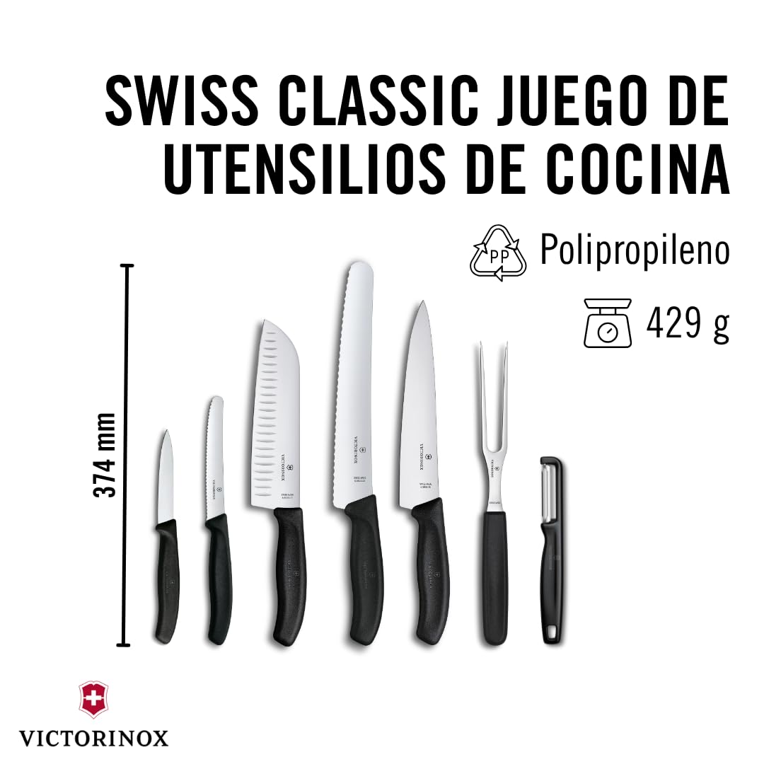 Victorinox Swiss Classic Juego de Cuchillos de Cocina de 7 Piezas, Negro | Set profesional con cuchillo Santoku, de pan, de chef, pelador, tenedor para carne y mangos ergonómicos, Swiss Made