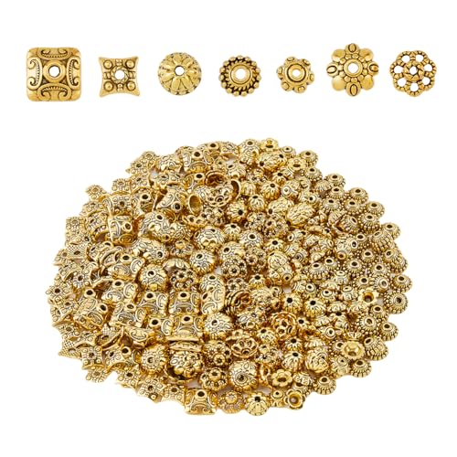 DICOSMETIC 420pcs 7 Styles Tibetan Flower Bead Caps Antique Golden Bead Caps Alloy End Charm Caps Vintage Bead Caps Spacers Assortment for DIY Earrings Bracelets Jewelry Making