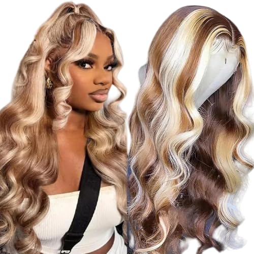 Image of 20 Inch 4 /613 Highlight Lace Front Wigs Human Hair 13x4 HD Transparent Brown Blonde Body Wave Lace Front Wigs Human Hair Pre Plucked Glueless Lace Frontal Wigs for Women