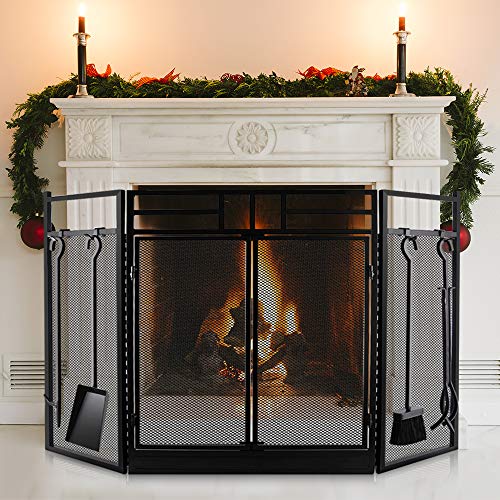 Amagabeli Fireplace Screen with Doors Large Flat Guard Fire Screens with Tools Outdoor Metal Decorative Mesh Solid Wrought Iron Fire Place Panels Wood Burning Stove Accessories Black