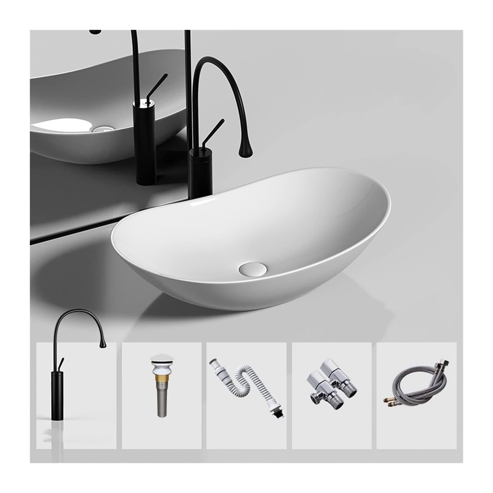 Gljtuo Black Bathroom Vessel Sink Bowl Basin Oval Vessel Sink Ceramic Bathroom Vessel Sink, 20.4"X12.5"Above Counter Porcelain Sink With Faucet And Pop-Up Drain Combo, Matte Bod