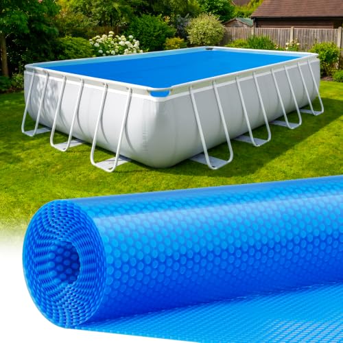UIRWAY 12 x 24 ft Rectangular Solar Pool Cover - Thick Blue Micro Thermal Bubble Blanket for Above Ground & Inground Pools Blue Pool Warming Blanket with Heat Retention & Reduced Evaporation