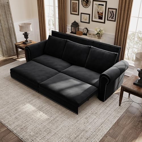 Image of Eafurn 93.7 inch King Size Pull Out Sofa Bed, 3-in-1 Convertible Sleeper Sofa Couch Bed with Nailhead Decor and Rolled Arms, Velvet Oversized Chesterfield Loveseat Chaise Lounge