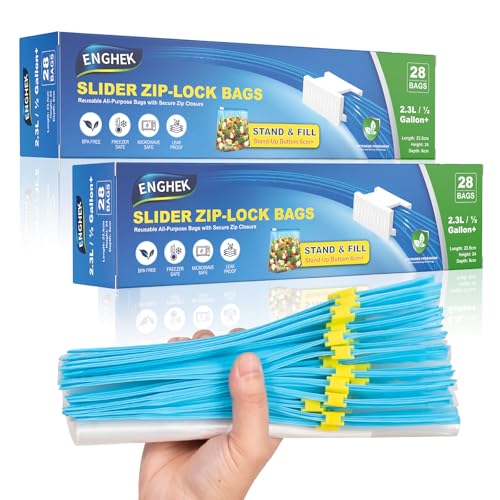 ENGHEK 56PC Zip Lock Bags Food, Reusable Freezer Bags, Over Half-Gallon/2.5L, Clear Food Storage Slider Sandwich Bags with Expandable Bottom, BPA-Free Zip Seal Bags for Fruit, Vegetables, Meat, Grains