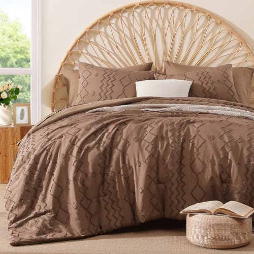 Image of AMBERSPACE Full Size Comforter Set Brown, Tufted Geometric Boho Bedding Farmhouse Bed Set, All Season 7 Pieces Bed in a Bag with Sheets, Pillowcases & Shams