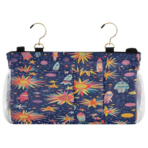 BOESI Doodle Rocket and Planet Pattern Bedside Storage Hanging Bag, Hanging Storage Basket, Suitable for Storing Cell Phones, Water Bottles, Books