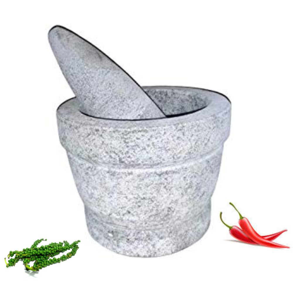 Lakshmi HandyCrafts Stone Mortar and Pestle – Large 8-Inch Traditional Masala Grinder | Natural Handcrafted Stone Spice Crusher for Kitchen Use (Beige)