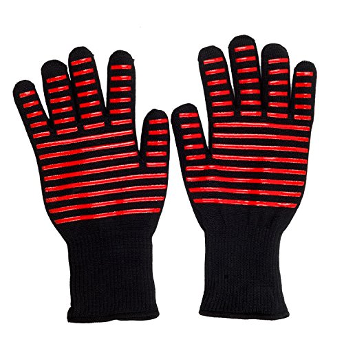 Heat Resistant Gloves,Extreme 932°F Cooking Gloves BBQ Grill Gloves EN407 Certified Fire Resistant Gloves-Use for Dutch Oven,Big Green Egg,Pizza Stone,Outdoor Picnic(Red Stripes)